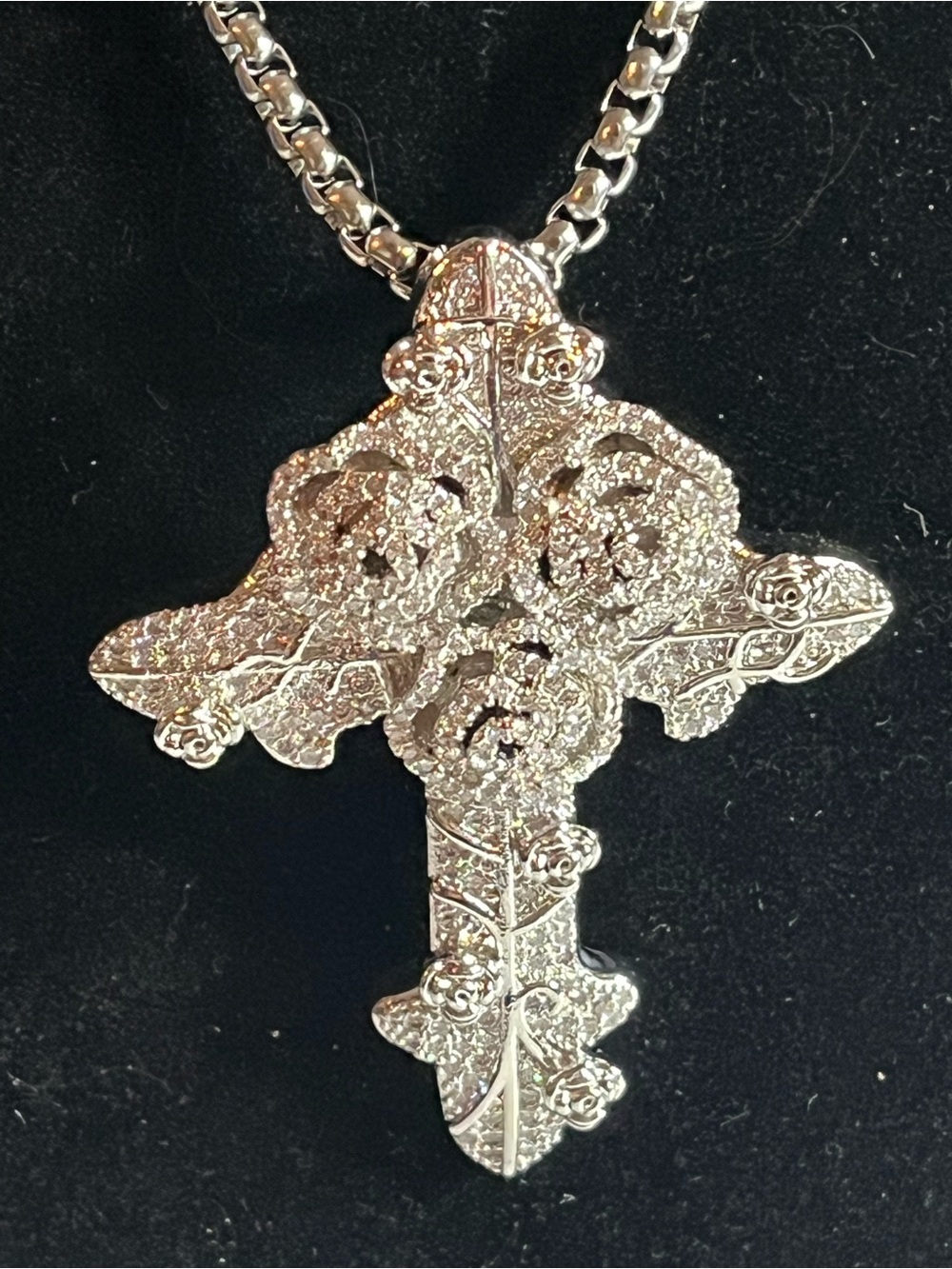 Stainless Steel Rollo Chain w/ Silver Micro Plated Iced Out Cross Pendant